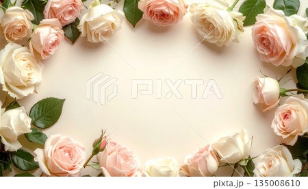 A beautiful pink rose floral frame border featuring a blooming flower bouquet and green leaves for a romantic wedding greeting card or Valentine's Day gift design A beautiful pink rose floral frame border featuring a blooming flower bouquet and green leaves for a romantic wedding greeting card or Valentine's Day gift design 135008610