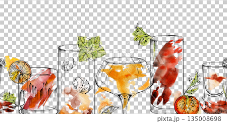 Fiery Bloody Mary, Old-fashioned cocktail seamless border with watercolor splash, ink lines. Bourbon whisky rum cognac spirits, tomato juice, iced tea hand drawn for mixology themes, menu decoration. 135008698