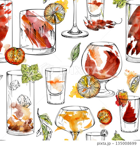 Amber spirits, cocktail bitters, shots with orange peel, citrus, ice cubes in watercolor and ink. Seamless pattern hand drawn for paper goods and textiles, bar menus, evening events, classy branding. Amber spirits, cocktail bitters, shots with orange peel, citrus, ice cubes in watercolor and ink. Seamless pattern hand drawn for paper goods and textiles, bar menus, evening events, classy branding. 135008699