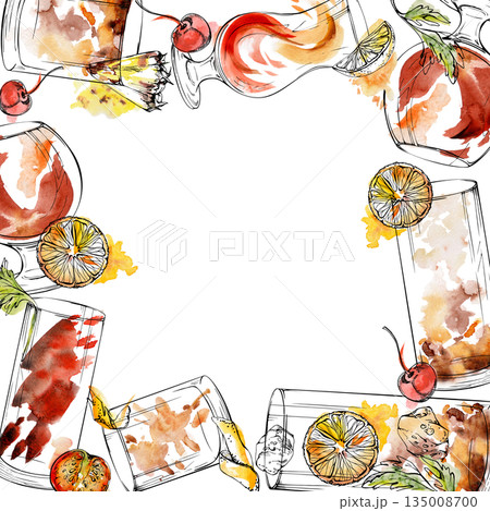Vibrant red and orange frame of spritzes, bourbon glasses, iced tea cocktails and Bloody Mary with cherry and tomato hand drawn in watercolor and ink. Invitations, mixology posters, or digital decor. Vibrant red and orange frame of spritzes, bourbon glasses, iced tea cocktails and Bloody Mary with cherry and tomato hand drawn in watercolor and ink. Invitations, mixology posters, or digital decor. 135008700