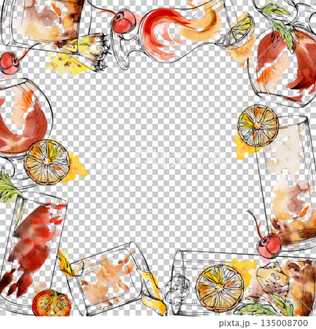Vibrant red and orange frame of spritzes, bourbon glasses, iced tea cocktails and Bloody Mary with cherry and tomato hand drawn in watercolor and ink. Invitations, mixology posters, or digital decor. Vibrant red and orange frame of spritzes, bourbon glasses, iced tea cocktails and Bloody Mary with cherry and tomato hand drawn in watercolor and ink. Invitations, mixology posters, or digital decor. 135008700
