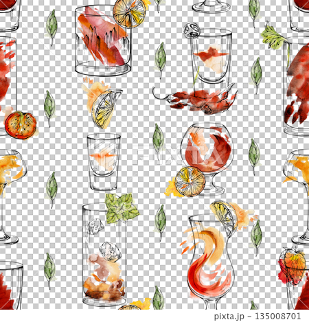 Seamless red and orange drink pattern, Flatliner shot, Long Island iced tea, Tequila Sunrise in watercolor and ink, hand drawn energetic surface for packaging, print design, cafe decor or stationery. 135008701