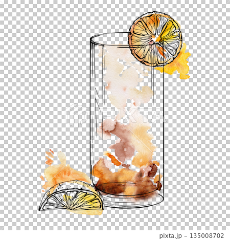 Amber Long Island, mai tai cocktail, ice tea or chocolate milkshake with watercolor gradient and crisp ink lines. Isolated drink illustration for pattern designs, restaurant menus, and party invites. 135008702