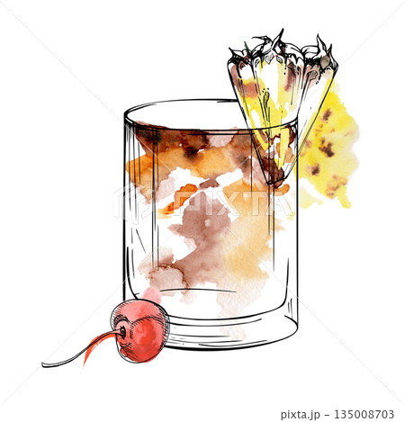 Tropical Mai Tai rum liqueur cocktail illustration, pineapple and cherry garnish on tumbler glass, watercolor splash. Hand drawn ink and watercolor for summer designs, recipe cards, cocktail art. 135008703