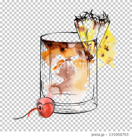 Tropical Mai Tai rum liqueur cocktail illustration, pineapple and cherry garnish on tumbler glass, watercolor splash. Hand drawn ink and watercolor for summer designs, recipe cards, cocktail art. 135008703