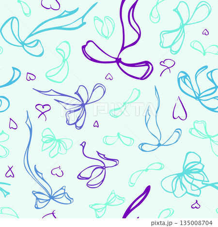 Silk bows with various tied loops and doodle hearts repeating in random pattern. Seamless tile isolated illustration hand drawn in ink. Perfect for Valentine, romantic packaging, feminine prints. Silk bows with various tied loops and doodle hearts repeating in random pattern. Seamless tile isolated illustration hand drawn in ink. Perfect for Valentine, romantic packaging, feminine prints. 135008704