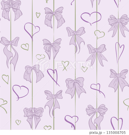Lavender satin bows, wide ribbon loops scattered among hearts on thin striped background. Seamless pattern isolated vector illustration hand drawn in ink. Romantic cards, packaging, DIY paper crafts. Lavender satin bows, wide ribbon loops scattered among hearts on thin striped background. Seamless pattern isolated vector illustration hand drawn in ink. Romantic cards, packaging, DIY paper crafts. 135008705