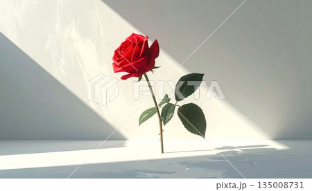 A beautiful red rose blossom in a glass vase rests by a white window as a romantic Valentine gift symbolizing love and nature 135008731