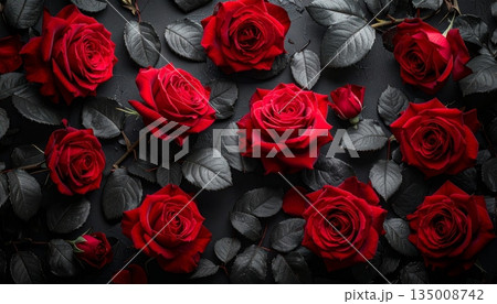 A beautiful bouquet of red roses on a black background creates a romantic floral gift perfect for a Valentine anniversary celebration or a wedding blossom of love 135008742