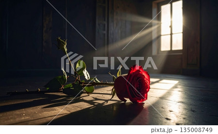 A beautiful woman in a red dress holds a romantic bouquet of pink roses while standing by a window surrounded by floral petals 135008749