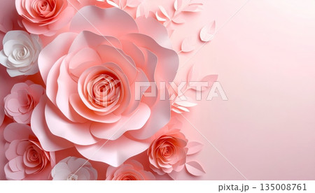 Beautiful pink roses border and floral bouquet frame on a white background for a romantic wedding or Valentine gift with blooming petals and nature beauty Beautiful pink roses border and floral bouquet frame on a white background for a romantic wedding or Valentine gift with blooming petals and nature beauty 135008761