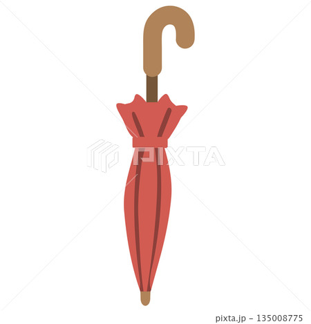 Closed Red Umbrella with Classic Curved Wooden Handle 135008775