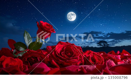Full moon illuminates a dark night landscape where bright flowers bloom under a starry sky filled with blue clouds and celestial fantasy light 135008796