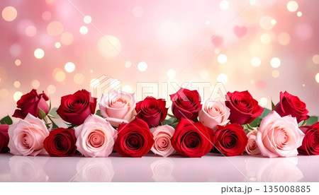 A beautiful bouquet of pink roses and glowing candles creates a romantic floral gift on a red background, celebrating love and beauty with every delicate petal and blossom A beautiful bouquet of pink roses and glowing candles creates a romantic floral gift on a red background, celebrating love and beauty with every delicate petal and blossom 135008885