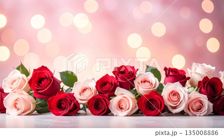 A beautiful bouquet of pink roses and glowing candles creates a romantic floral gift on a red background, celebrating love and beauty with every delicate petal and blossom A beautiful bouquet of pink roses and glowing candles creates a romantic floral gift on a red background, celebrating love and beauty with every delicate petal and blossom 135008886