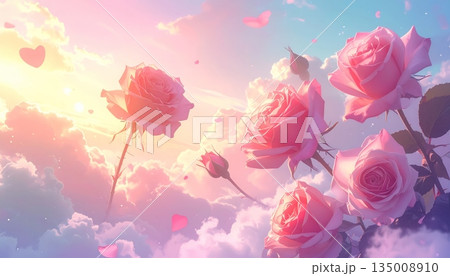 Pink tulips blossom in the wind against the spring sky as a beautiful floral nature design for a romantic gift card 135008910