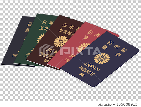 Illustration of five types of Japanese passports placed diagonally Illustration of five types of Japanese passports placed diagonally 135008913