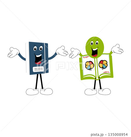 Cute cartoon book set character with different emotions and in action. Collection of cartoon,retro, groovy characters. Vector flat icons set isolated on white background. Cute cartoon book set character with different emotions and in action. Collection of cartoon,retro, groovy characters. Vector flat icons set isolated on white background. 135008954