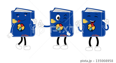 Cute cartoon book set character with different emotions and in action. Collection of cartoon,retro, groovy characters. Vector flat icons set isolated on white background. Cute cartoon book set character with different emotions and in action. Collection of cartoon,retro, groovy characters. Vector flat icons set isolated on white background. 135008958