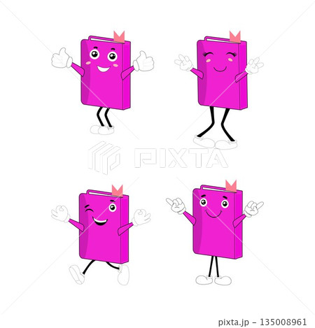 Cute cartoon book set character with different emotions and in action. Collection of cartoon,retro, groovy characters. Vector flat icons set isolated on white background. Cute cartoon book set character with different emotions and in action. Collection of cartoon,retro, groovy characters. Vector flat icons set isolated on white background. 135008961