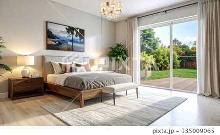 Modern luxury apartment featuring a contemporary living room and comfortable bedroom suite with elegant furniture design and warm interior lighting through large windows 135009065