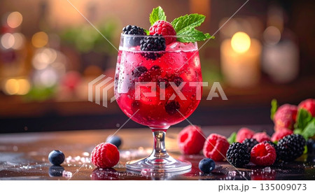 A fresh strawberry smoothie and fruit cocktail with berries served in a glass with mint and ice for a healthy summer beverage 135009073