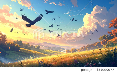 Black vector silhouette of a majestic eagle or hawk with spread wings flying through the sky as a nature wildlife illustration symbol Black vector silhouette of a majestic eagle or hawk with spread wings flying through the sky as a nature wildlife illustration symbol 135009077