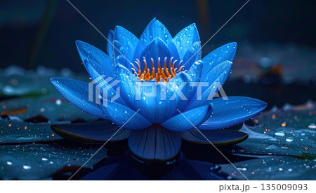 A vibrant pink and purple water lily bloom with yellow petals floating gracefully on a green leaf in a tropical garden pond during summer A vibrant pink and purple water lily bloom with yellow petals floating gracefully on a green leaf in a tropical garden pond during summer 135009093