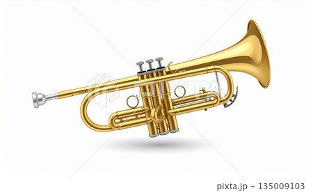 Shiny golden brass trumpet musical instrument with mouthpiece and valves isolated on white background for jazz band or orchestra 135009103