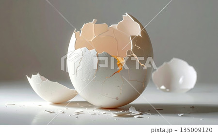 A fragile brown chicken eggshell is cracked and broken open on an isolated white background as a concept of new life or a healthy breakfast ingredient A fragile brown chicken eggshell is cracked and broken open on an isolated white background as a concept of new life or a healthy breakfast ingredient 135009120