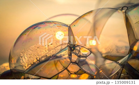 Abstract blue background featuring a bright sky with sun and clouds decorated by glowing bokeh bubbles and magic sparkles for a shiny holiday vector illustration wallpaper design 135009131