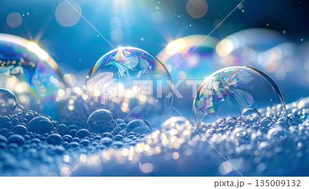 Abstract blue background featuring a bright sky with sun and clouds decorated by glowing bokeh bubbles and magic sparkles for a shiny holiday vector illustration wallpaper design 135009132
