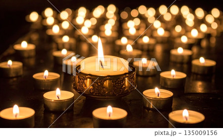 Glowing wax candles burn with a warm flame in the dark church to create a romantic religious celebration during a Christmas holiday night 135009156