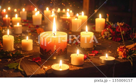 Glowing wax candles burn with a warm flame in the dark church to create a romantic religious celebration during a Christmas holiday night Glowing wax candles burn with a warm flame in the dark church to create a romantic religious celebration during a Christmas holiday night 135009157