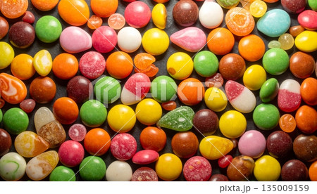 A vibrant group of colorful chocolate candies and jelly beans creates a bright confectionery texture of sweet round snacks including green and orange sugar dragee A vibrant group of colorful chocolate candies and jelly beans creates a bright confectionery texture of sweet round snacks including green and orange sugar dragee 135009159