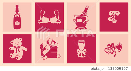 Playful Valentine silhouette elements in bold wine and cream pink blocks. Teddy bear, lingerie, champagne and hearts reflect modern coquette aesthetic and romantic celebration design Playful Valentine silhouette elements in bold wine and cream pink blocks. Teddy bear, lingerie, champagne and hearts reflect modern coquette aesthetic and romantic celebration design 135009197