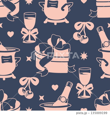 Seamless retro romance pattern with heart gift boxes and drinks. Muted vintage palette for fabric, wrapping paper, packaging and modern nostalgic surface design. Seamless retro romance pattern with heart gift boxes and drinks. Muted vintage palette for fabric, wrapping paper, packaging and modern nostalgic surface design. 135009199