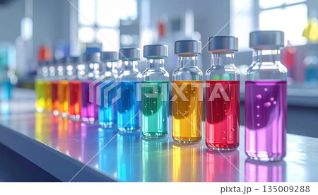 Transparent glass test tubes and cosmetic bottles filled with colorful liquid are isolated on a white background for luxury beauty fragrance and aromatherapy medicine Transparent glass test tubes and cosmetic bottles filled with colorful liquid are isolated on a white background for luxury beauty fragrance and aromatherapy medicine 135009288