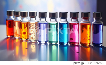 Transparent glass test tubes and cosmetic bottles filled with colorful liquid are isolated on a white background for luxury beauty fragrance and aromatherapy medicine 135009289