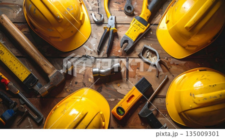 A professional industrial worker wears a yellow hard hat and uses safety equipment on a building site to ensure protection during engineering and construction work A professional industrial worker wears a yellow hard hat and uses safety equipment on a building site to ensure protection during engineering and construction work 135009301