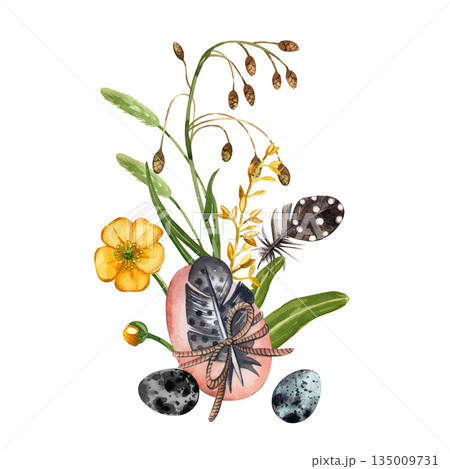 Watercolor illustration on the theme of Easter. Watercolor arrangement with duckling, spring flower, chicken and quail egg, and feather. Hand drawn Easter composition for greeting card and design. 135009731