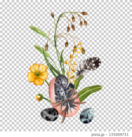 Watercolor illustration on the theme of Easter. Watercolor arrangement with duckling, spring flower, chicken and quail egg, and feather. Hand drawn Easter composition for greeting card and design. 135009731