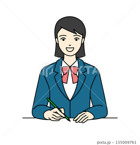 ブレザー制服姿で笑顔でペンを持ち勉強や執筆をする女子高生 ブレザー制服姿で笑顔でペンを持ち勉強や執筆をする女子高生 135009761