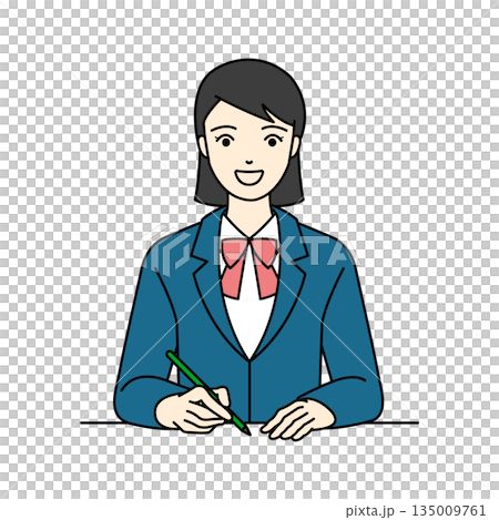 一位身穿校服西裝外套的高中女生面帶微笑，手裡拿著筆，正在學習或寫作。 135009761