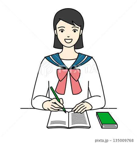 机に向かって笑顔でノートをとりながら勉強に励むセーラー服の女子高生 135009768