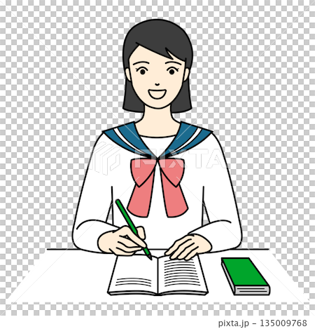 机に向かって笑顔でノートをとりながら勉強に励むセーラー服の女子高生 135009768