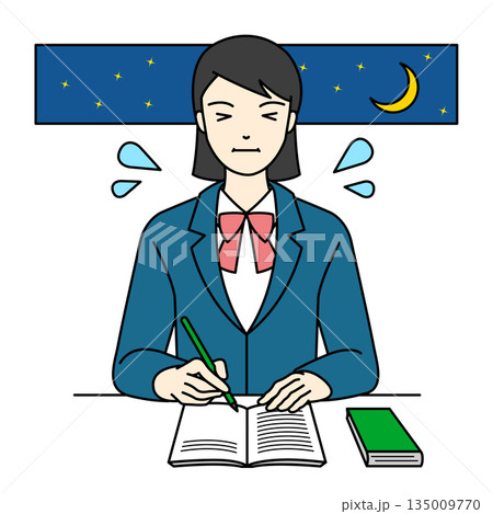 夜遅くまで必死にノートに向かって勉強するブレザーの女子高生 135009770
