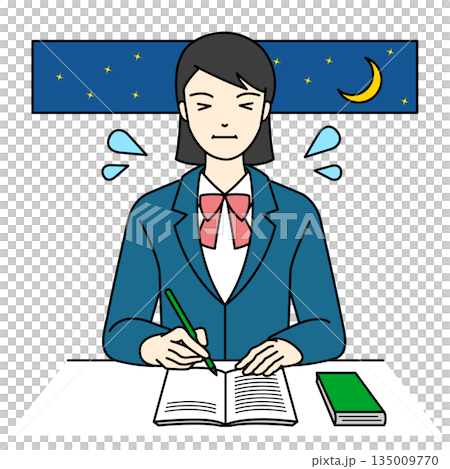 夜遅くまで必死にノートに向かって勉強するブレザーの女子高生 135009770