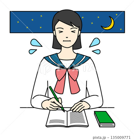 夜空の下で汗を流しながら深夜まで勉強を頑張るセーラー服の女子高生 135009771