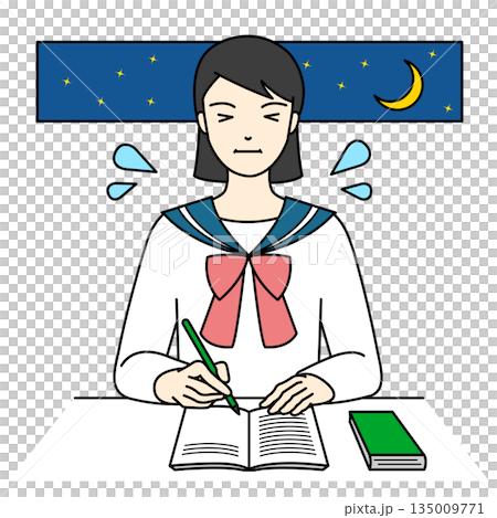 夜空の下で汗を流しながら深夜まで勉強を頑張るセーラー服の女子高生 135009771
